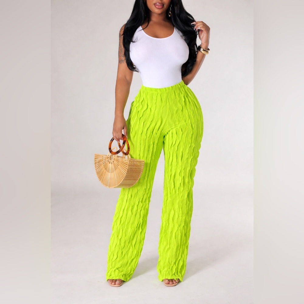 Wide Leg Textured Pants in Neon Green - Women - Picture 2 of 2